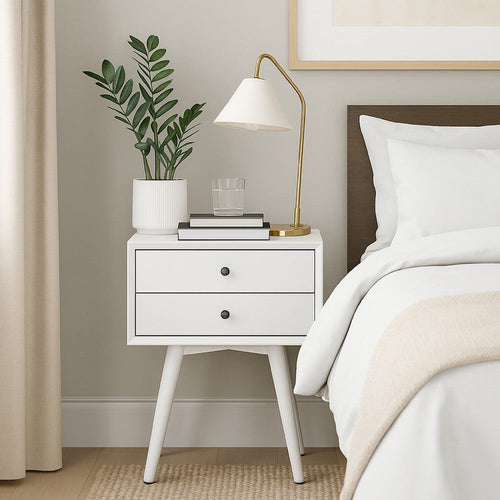 Ian Small Nightstand w 2 Drawers | Modern White Solid Mahogany Wood
