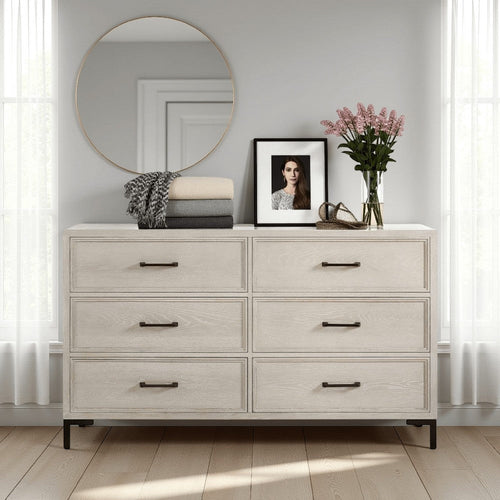 Bedy Wide Dresser | 6 Drawers | Black Metal | Antique White Oak Wood