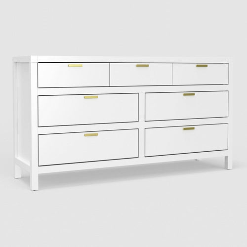 Fery Dresser | 7 Drawers | Gold Metal Handles | White Solid Pine Wood
