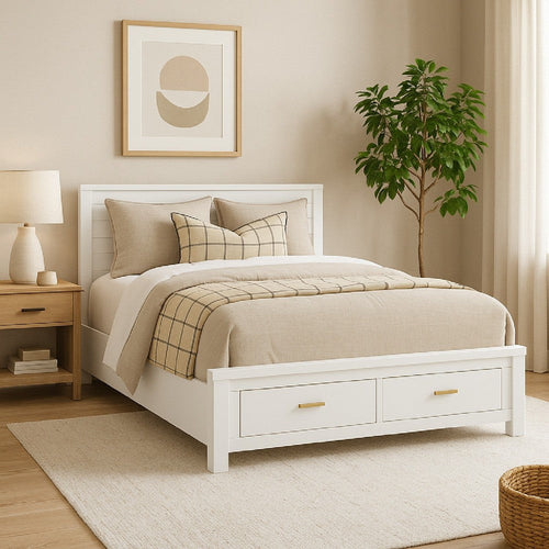 Fery King Size Storage Bed | Panel Headboard | White Solid Pine Wood