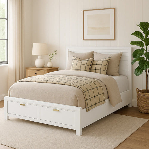 Fery Full Size Storage Bed | Panel Headboard | White Solid Pine Wood