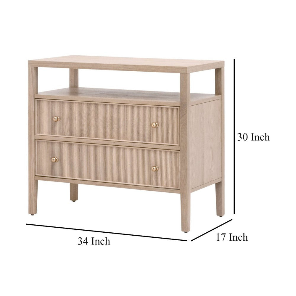 Hyz Extra Wide Nightstand | 2 Drawers | Open Shelf | Brown Oak Wood