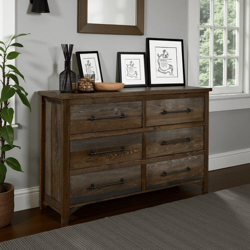 Tinaa Wide Dresser | 6 Drawers | Metal Handles | Gray Brown Pine Wood