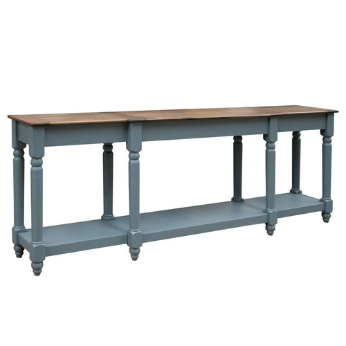 Ify Sofa Console Table w Shelf, Slate Blue, Brown Melina Wood, 95"