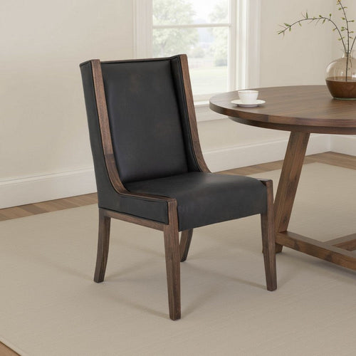 Ally Dining Side Chair Set of 2 | Brown Wood | Black Faux Leather