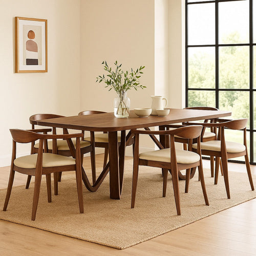 Niva 7pc Dining Table Set | 6 Fabric Chairs | Brown Full Solid Wood