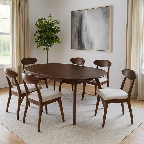 Mikie 7pc Extendable Dining Table Set | 6 Ivory Fabric Chairs | Brown