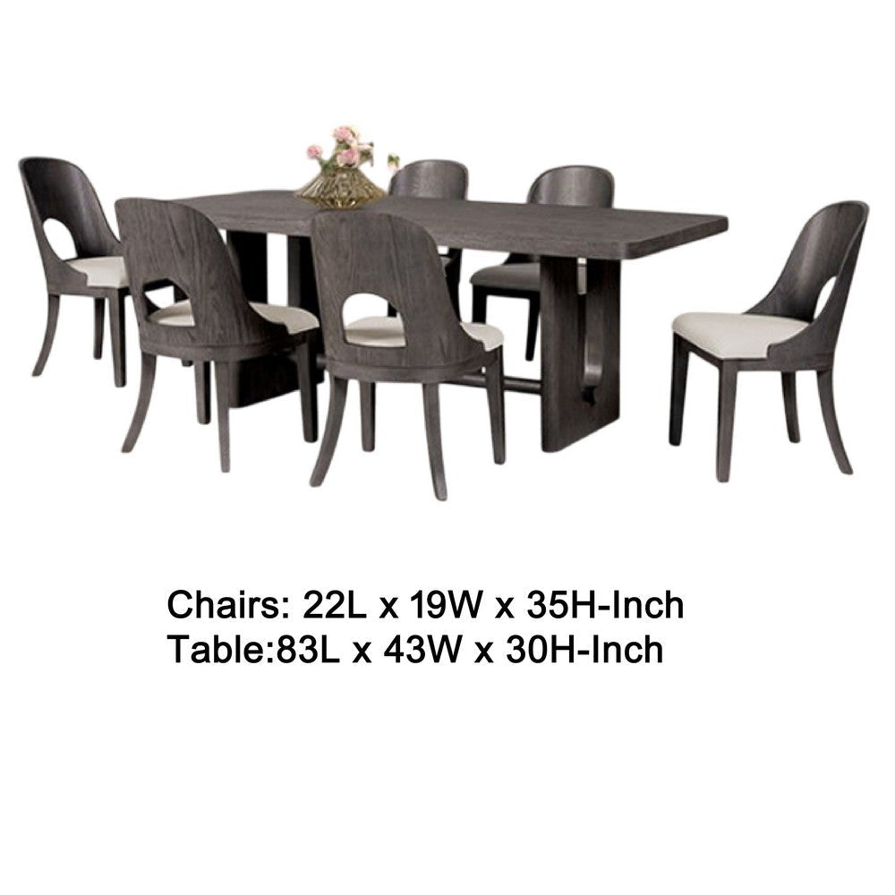 Zoko 7pc Dining Table Set | White Polyester Chairs | Gray Rubberwood BM333515