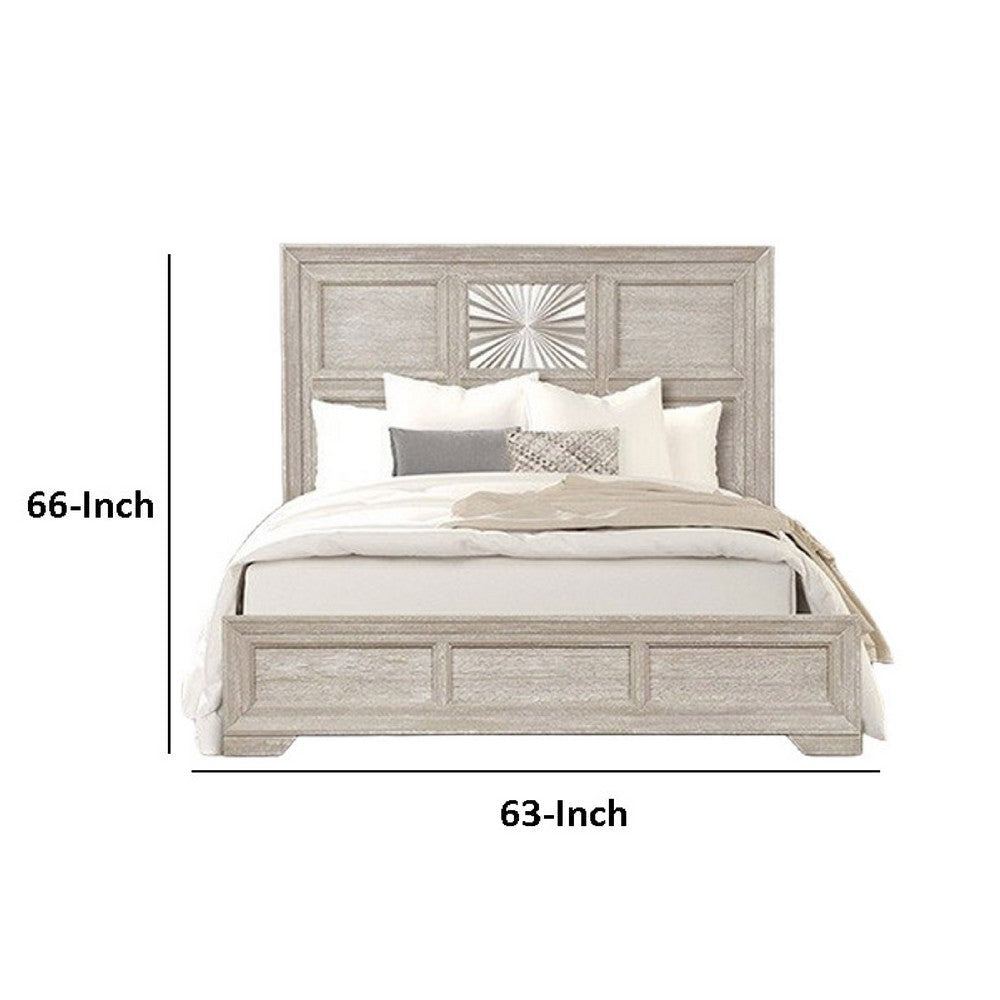 Diaz Queen Bed | Sunburst Pattern | Recessed Panel | Light Gray Wood