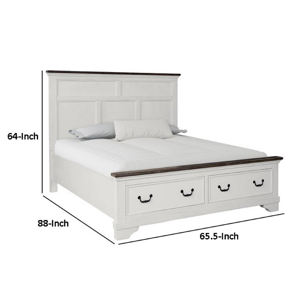 Hamps Queen Size Bed | 2 Drawers | White and Dark Brown Solid Wood
