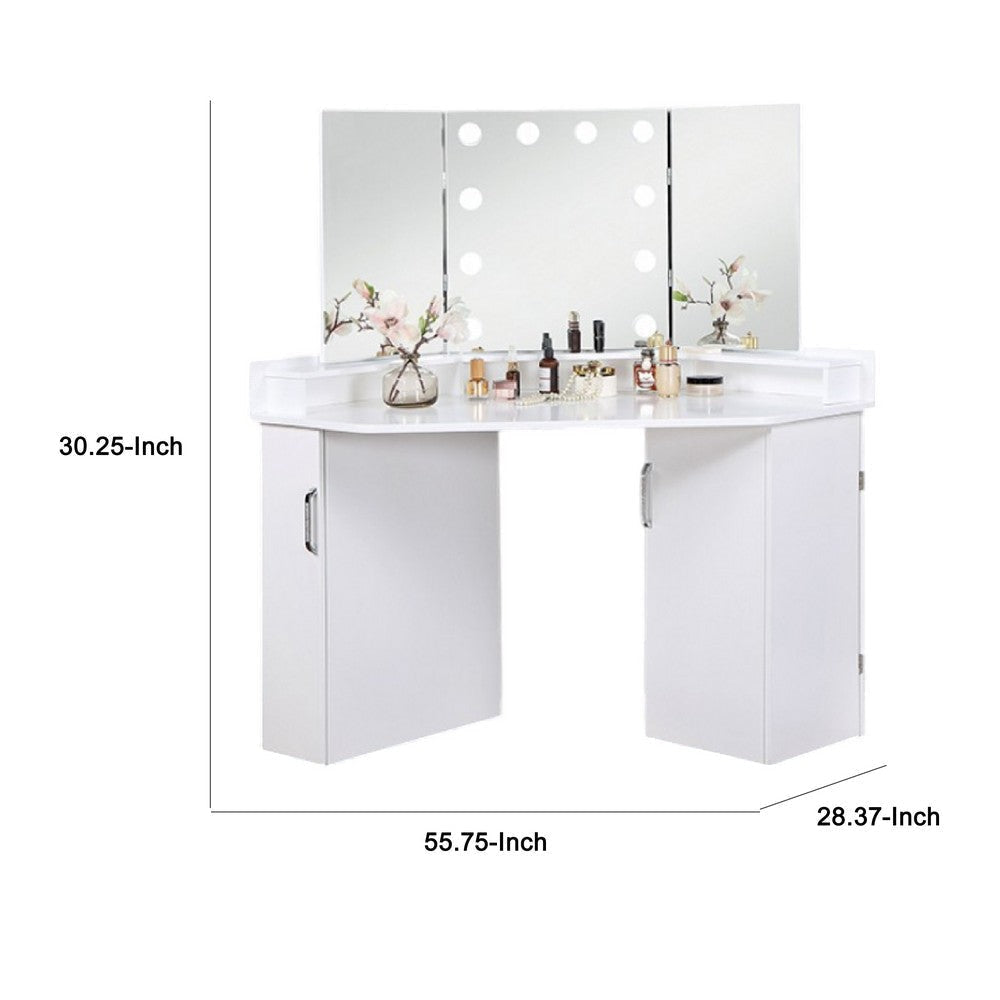 Laura Vanity Desk Set | 3 Panel Mirror | 10 Light Bulbs | White Wood BM333629