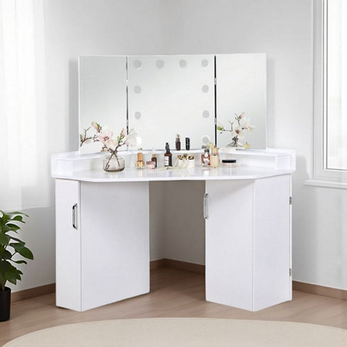 Laura Vanity Desk Set | 3 Panel Mirror | 10 Light Bulbs | White Wood
