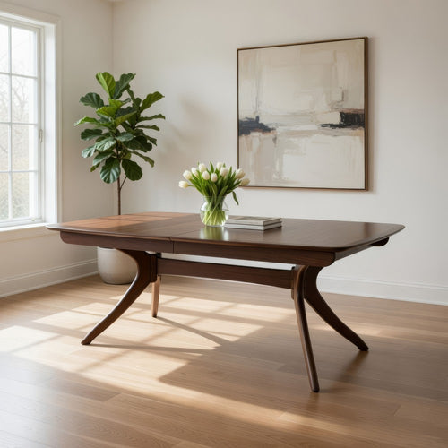 Viki 82-102" Dining Table | Curved Legs Extendable Brown Solid Wood