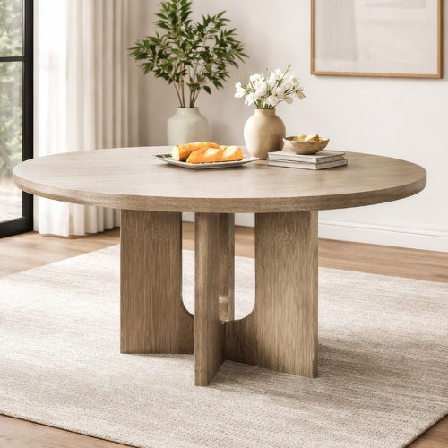 Zoko Round Dining Table | Pedestal Base | White Wash Solid Wood 54"