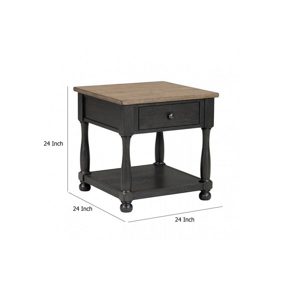Ginie End Table | 1 Drawer | Black and Brown Solid Rubberwood | 24’’