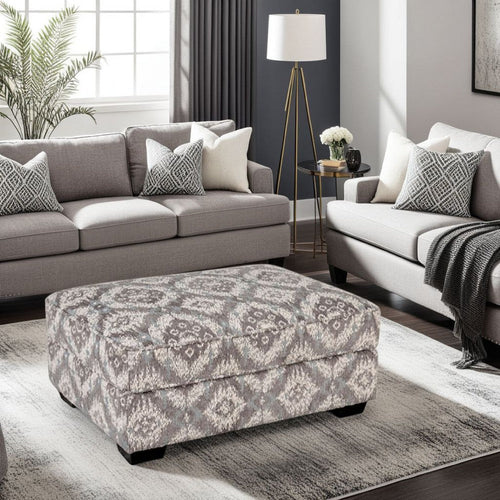 Berrie Ottoman | Geometric Gray White Polyester | Solid Wood | 40"