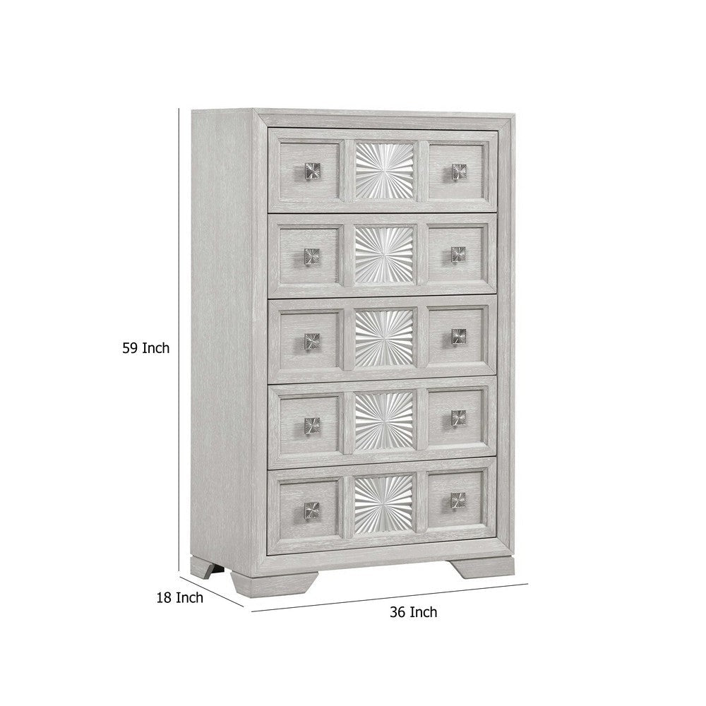 Diaz Tall Dresser Chest | 5 Drawers | Sunburst Metal Design Light Gray BM333782
