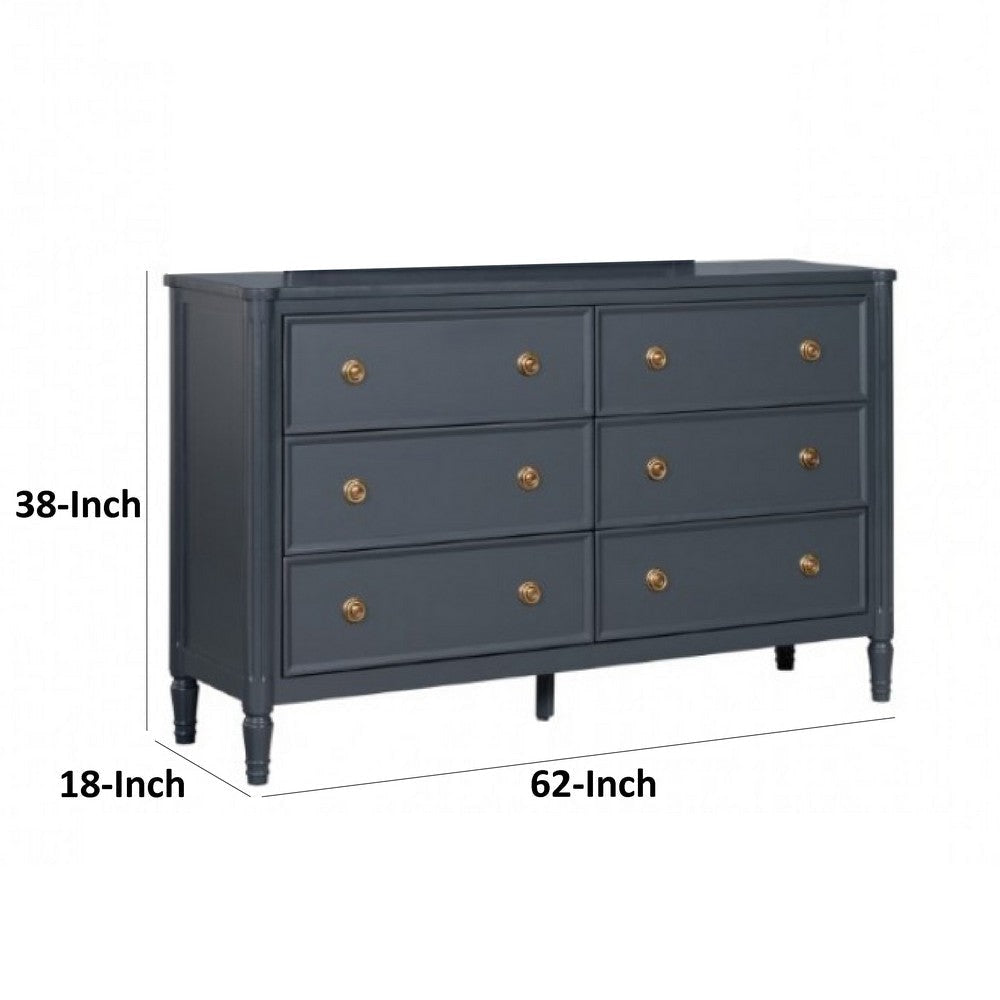 Alta Wide Dresser | 6 Drawers Gold and Malta Blue Solid Wood | 62’’