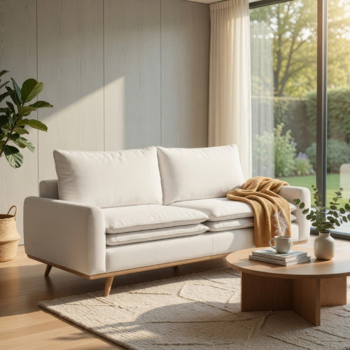 Yaana Sofa with Feather Blend Pillows | Oak Brown Wood | White 83"