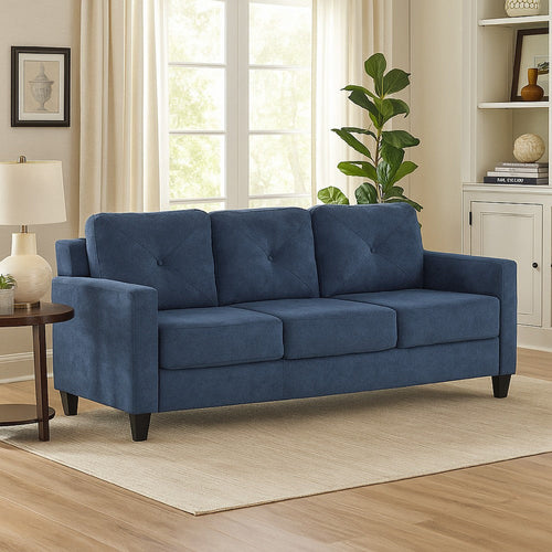 Royi Sofa | Track Armrest | 78" | Blue Fabric Seat w Tufted Backrest