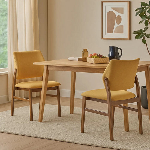 Nory Dining Side Chair Set of 2 | Yellow Linen Cushions | Walnut Brown