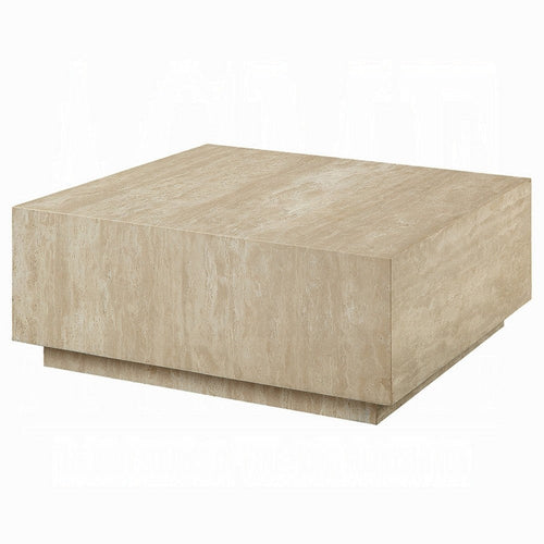 Lory Coffee Table | 35" Square Travertine Top | Natural Wood Beige