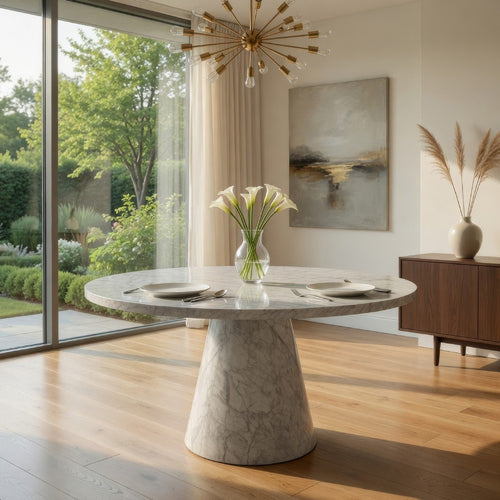 Kacie Round Dining Table | Pedestal Base | Light Gray Faux Stone 47"