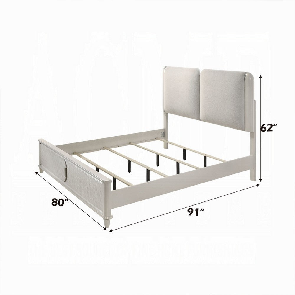 Veda King Size Bed with LED | Pearl White | Gray Boucle Upholstered