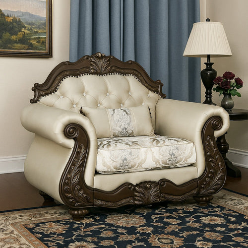 Reese Accent Chair | Floral Classic Cherry Brown Wood | Beige 1 Pillow