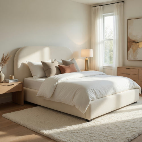 Ardie Full Bed | Low Profile Footboard | Plush Beige Upholstered Panel