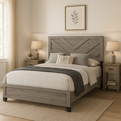 Rachy Queen Bed | Farmhouse Chevron Headboard | Light Gray Black Wood
