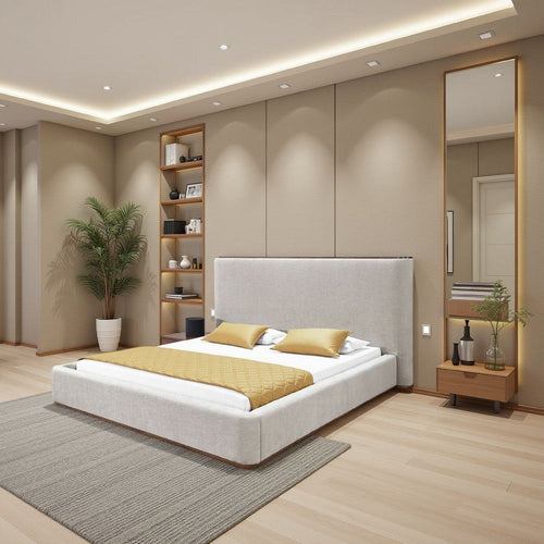 Orion Queen Bed with Low Profile Footboard | Gray Fabric Upholstered