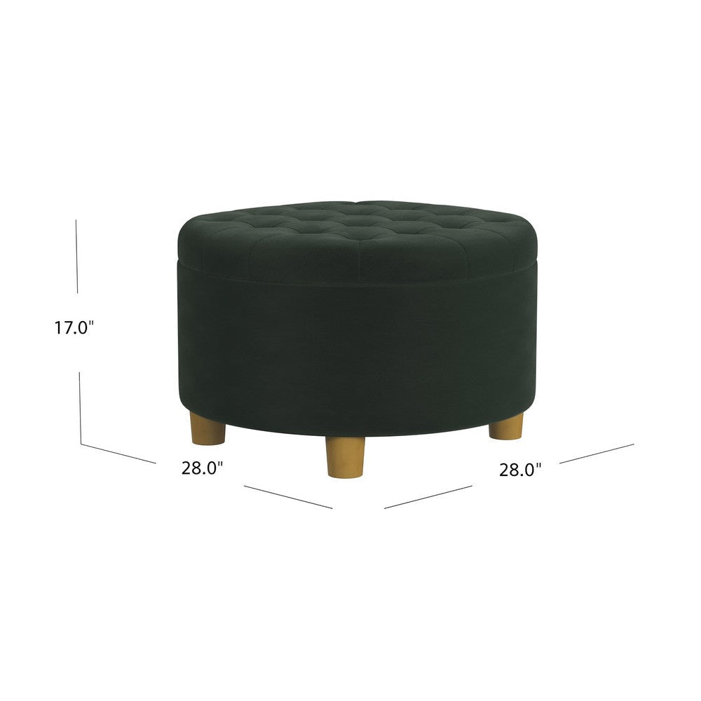 Jo Storage Ottoman | 28’’ Round Tufted Lift Top | Olive Green Velvet BM334038