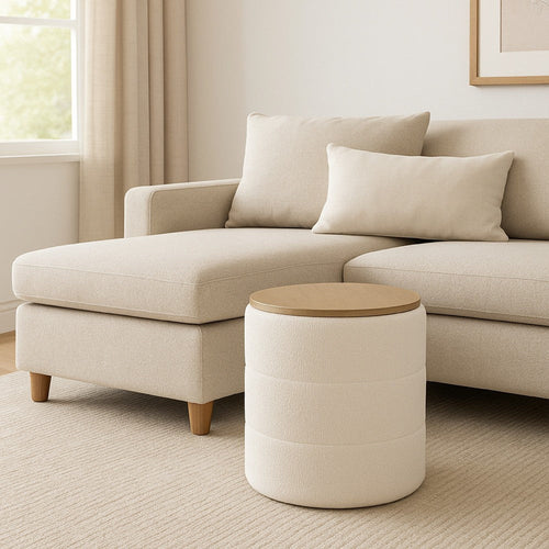 Mona Storage Ottoman | 19" Round Lift Top | Channeled Ivory Boucle