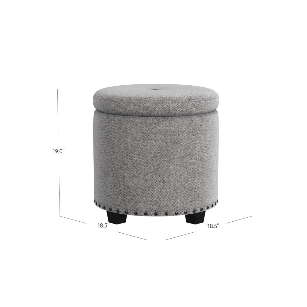 Zoya Storage Ottoman | 19’’ Round Lift Top | Light Gray Woven Fabric