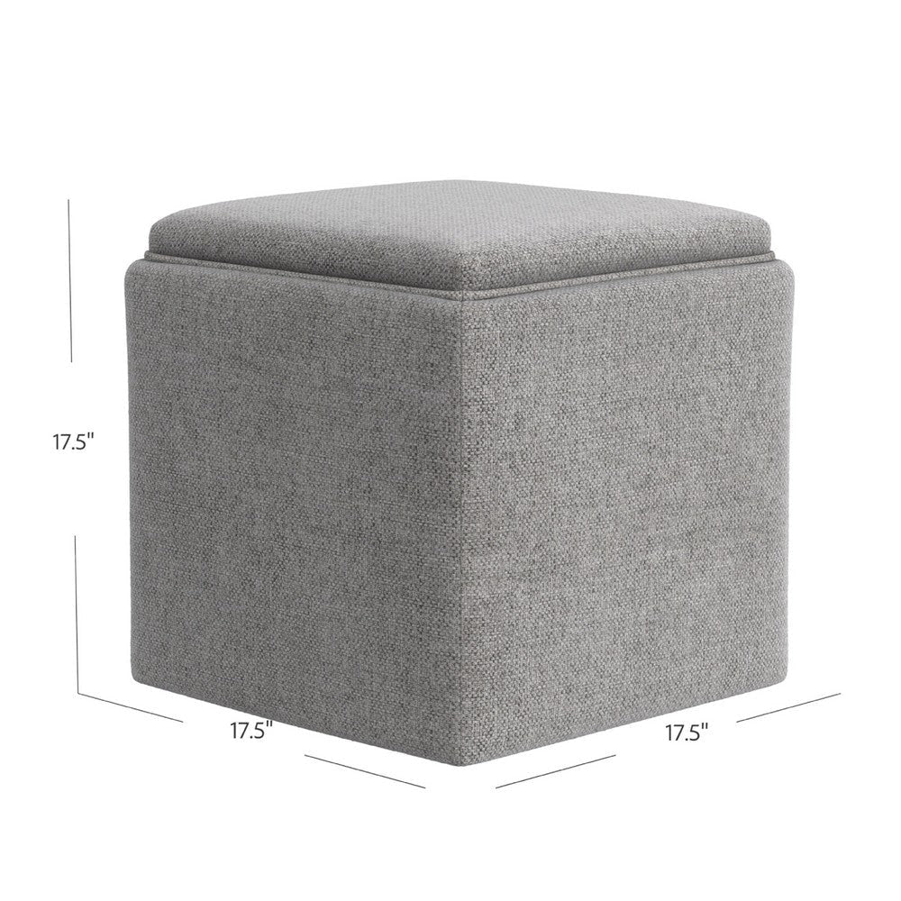 Soa Storage Accent Ottoman | 18’’ Square Tray Top | Gray Woven Fabric