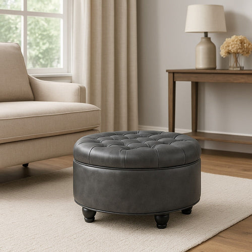 Gery Storage Ottoman | 25" Round Tray Top | Dark Gray Faux Leather