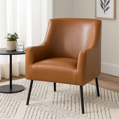Sune Accent Chair | Brown Faux Leather and Matte Black Metal Legs
