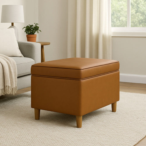 Fero Storage Ottoman | 24" Rectangular Hinged Lid | Brown Faux Leather