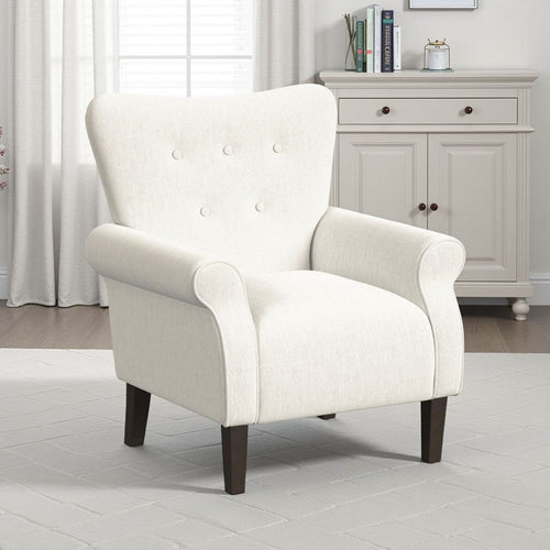 Mowo Accent Armchair | Classic Button Tufted Back | White Woven Fabric