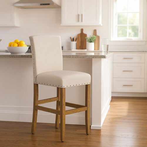 Siem Counter Stool Chair | Brown Beige Polyester Seat | Nailhead Trim