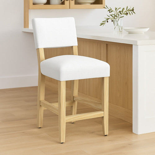 Bowo Counter Stool Chair | White Fabric Seat | Brown Hardwood Legs