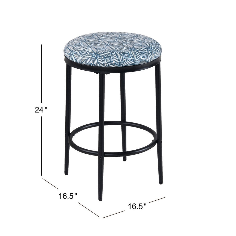 Nion Backless Counter Stool | Black Metal Legs | Blue Medallion Print