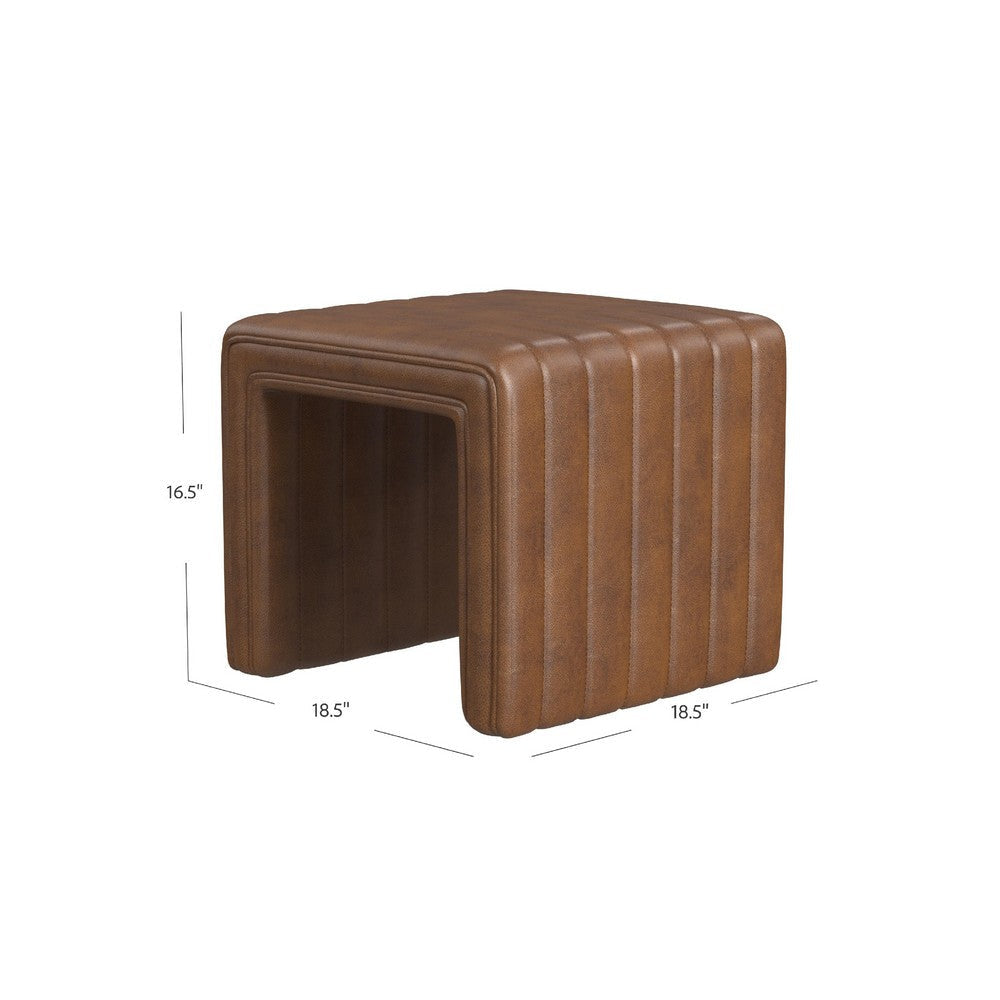 Ada Footstool Ottoman | Channel Tufted Brown Faux Leather | 19’’
