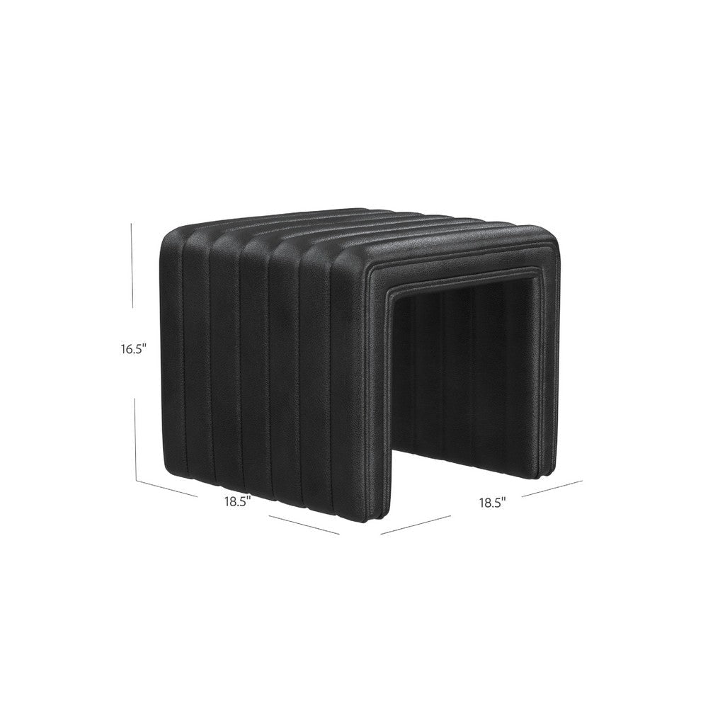 Ada Footstool Ottoman | Channel Tufted Black Faux Leather | 19’’ BM334155