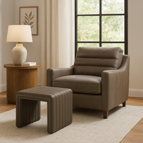 Ada Footstool Ottoman | Channel Tufted Gray Faux Leather | 19"