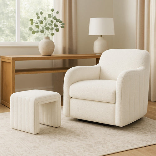 Ada Footstool Ottoman | Channel Tufted Cream White Boucle | 19"
