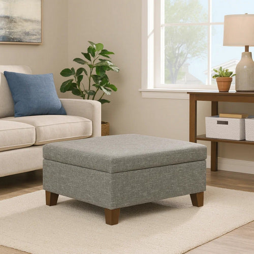 Leo Square Storage Ottoman | Textured Slate Gray | Dark Brown | 32"