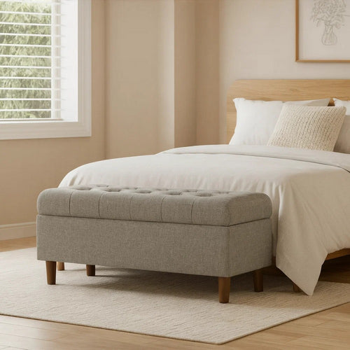 Sol Storage Bench Ottoman | Gray Woven Fabric | Brown Wood | 40"