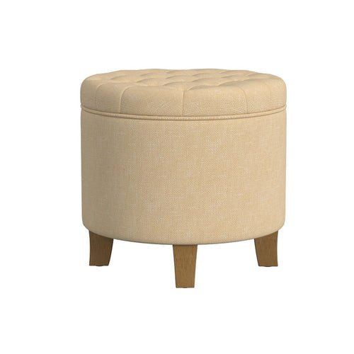 Wes Round Storage Ottoman | Tan Brown Woven Fabric | Hardwood | 19"